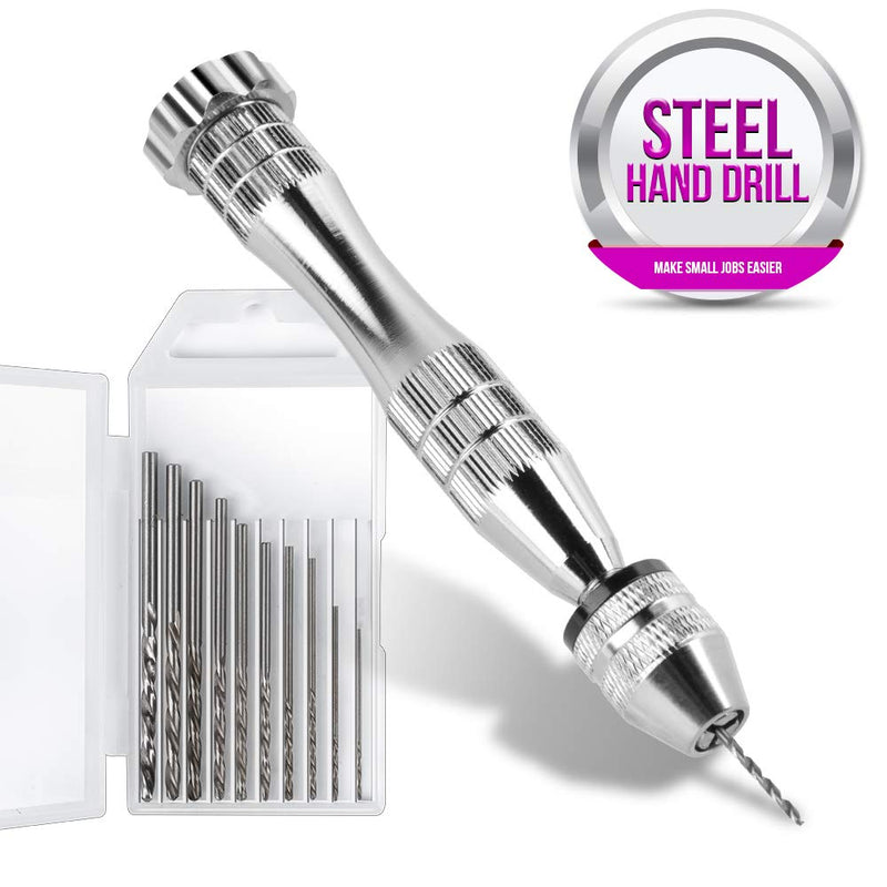 LEOBRO Pin Vise for Resin Casting Molds, Steel Hand Drill, Resin Drill with 10 PCS Drill Bit, Precision Hand Drill Tools for Epoxy Resin Arts Crafts, Wood, Clay, DIY Resin Keychain Jewelry Making A-silver