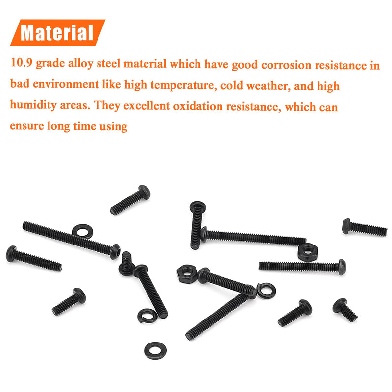 560 Pieces M3 x 5mm /6mm /8mm /10mm /12mm /16mm /20mm, Button Head Socket Cap Screws Bolts Washers Nuts Kit, 10.9 Grade Alloy Steel, Full Threaded, Black