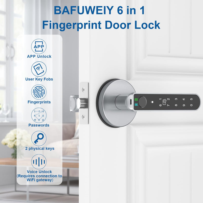 Fingerprint Door Lock, Finger Print Door Knobs Thumbprint Door Knob with App Control/Fingerprints/IC Cards/Codes/Keys, Smart Lock for Bedroom Home Apartment Grey