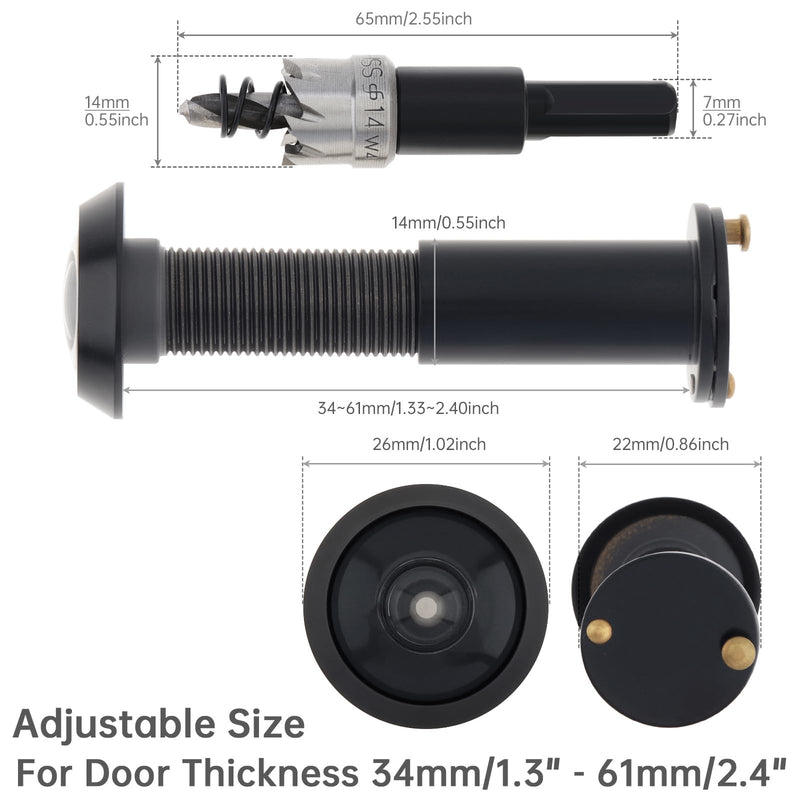 Door Viewer Peephole, Solid Brass 180 Degree Peephole with 5/9 Inch Drill Bit for 1-3/8" to 2-1/6" Doors, Door Viewer with Privacy Cover for Office Home Hotel (Black) Black