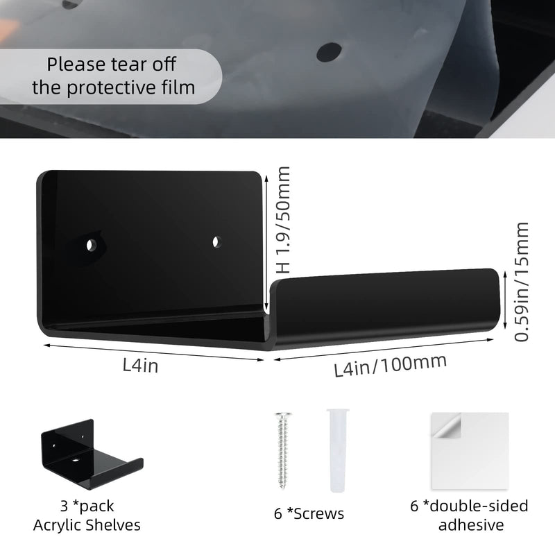 3 Pack Acrylic Small Floating Shelf for Wall Storage,4'' Mini Adhesive Shelf for Living Room,Bathroom,Bedroom,(Adhesive&Drilling) Black