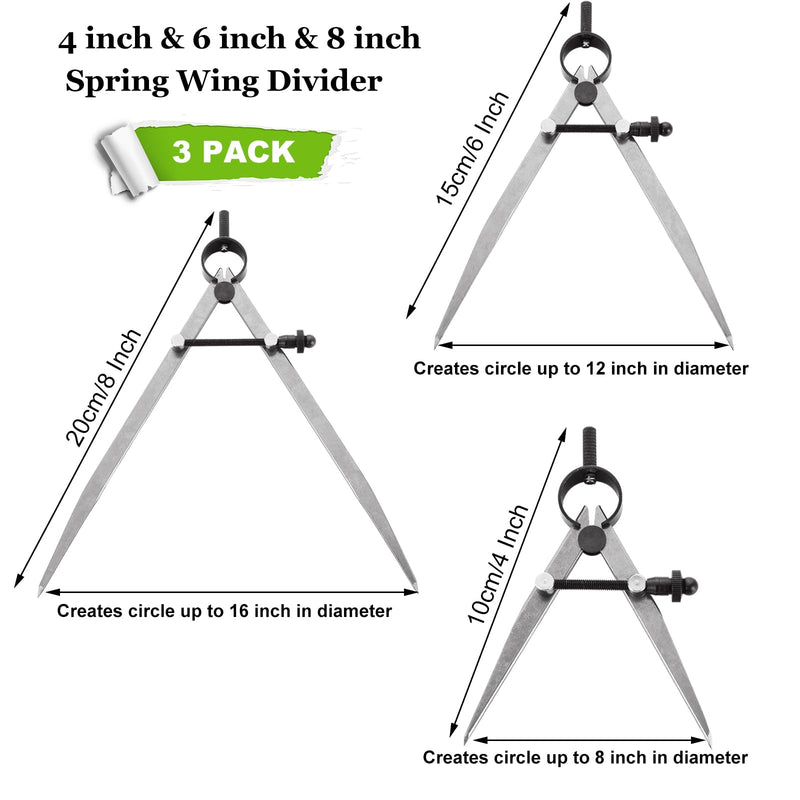 3 Pack Adjustable Spring Wing Divider, 4/6/8 Inch Steel Lockable Divider Wing Compass, Precision Compass Geometry Tool for Drawing Drafting Woodworking Leather Craft