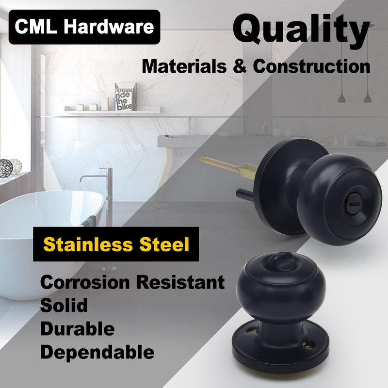 CML Hardware Matte Black Privacy Door Knob, 4 Pack Keyless Lock Set for Bedroom or Bathroom, Interior Door Lock for Bed/Bath, Round Ball Handle