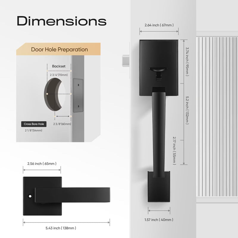 Leydebong Black Front Door Handle Set with Reversible Lever - Exterior Door Handle Set for Right or Left Handed Doors, No Lock Entry Lever, Matte Black Finish