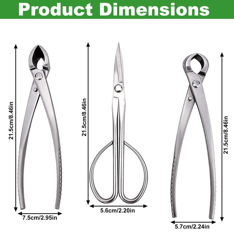 3pcs Bonsai Tool, Professional Stainless Steel Bonsai Trimming Kit with Knob Cutter Concave Cutter Leaf Scissors for Precision Pruning Shaping and Plant Care