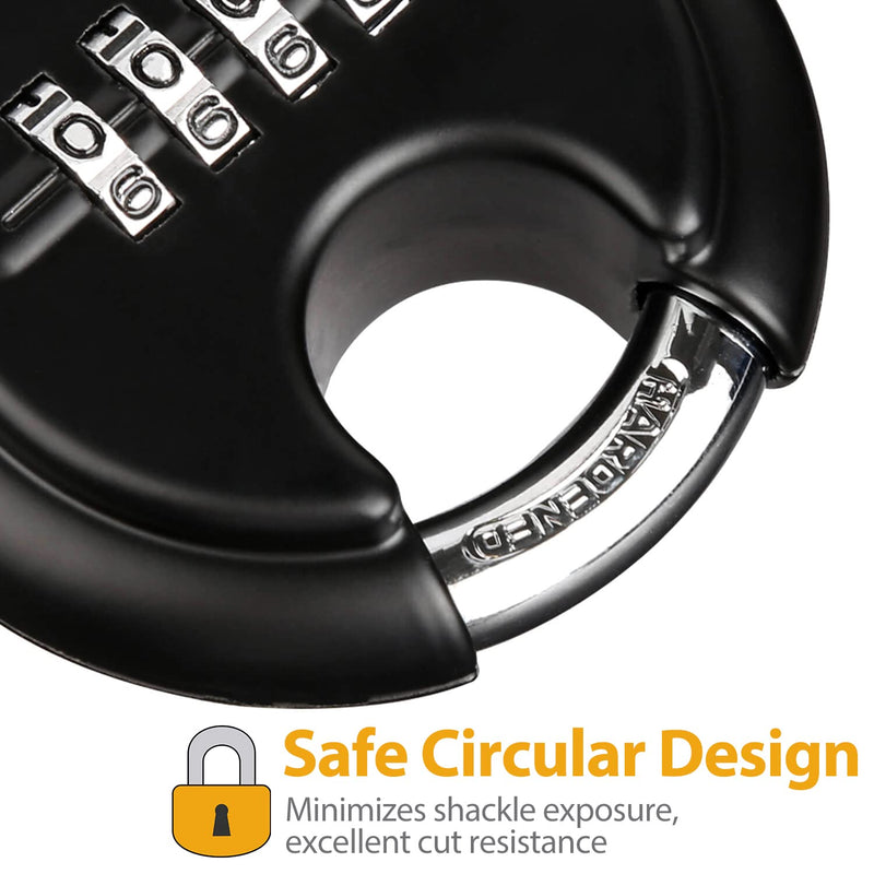 DAYGOS Combination Disc Padlocks for Outdoor - Heavy Duty 4 Digit Code Lock, Combo Discus Lock for Storage Unit,Gate,Fence,Trailer,4PCS,Black round disc padlock Black-4Pcs