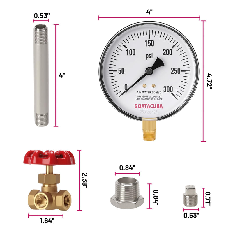 Air/Water Pressure Gauge Kit, 0 to 300psi Pressure Guage, 3-Way Valve, Stainless Steel Nipple, Plug and Reducer, for Fire Protection Service 0-300psi&3-Way Valve&Pipe Fittings