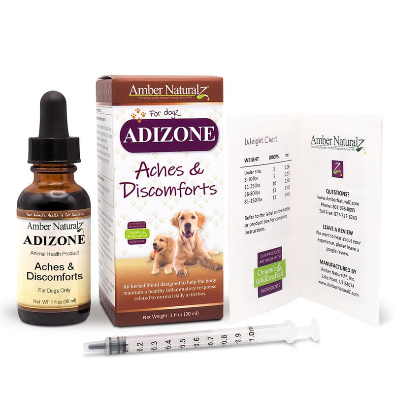 Amber NaturalZ Adizone Herbal Supplement for Dogs | Canine Herbal Supplement for Occasional Soreness, Stiffness, Aches and Discomfort | 1 Fluid Ounce Glass Bottle | Manufactured in The USA 1 Ounce - PawsPlanet Australia