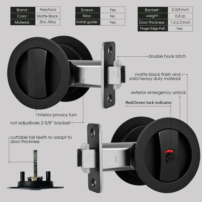 Matte Black Pocket Door Hardware with Indicator, Heavy Duty Round Pocket Door Lock, Pocket Door Hardware Black, Solid Pocket Door Hardwares for Bathroom(1 Pack) 1 Pack 2 3/8" Backset Matte Black