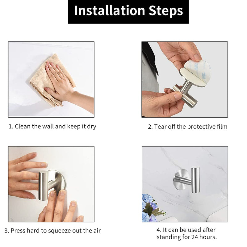 Vuzvuv Adhesive Hooks Brushed Nickel SUS304 Stainless Steel Towel Hooks Heavy Duty Waterproof Wall Hooks Self Adhesive Coat Robe Towel Hooks for Bathrooms Kitchen Hotel Wall Mounted Hooks - 2 Pack Silver-2 Pcs