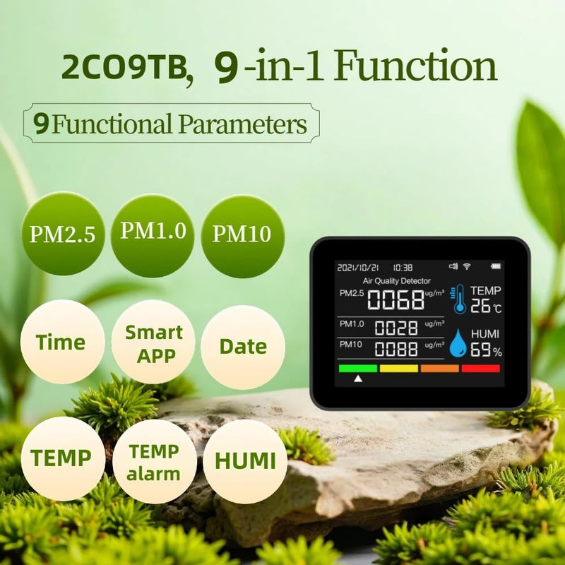 2CO9TB Smart WiFi Air Quality Monitor, Air Dust PM2.5 PM1.0 PM10 and Thermometer with Temperature and Humidity Alarm，Air Quality Tester for Bedroom, Indoor Detects，Smart Home