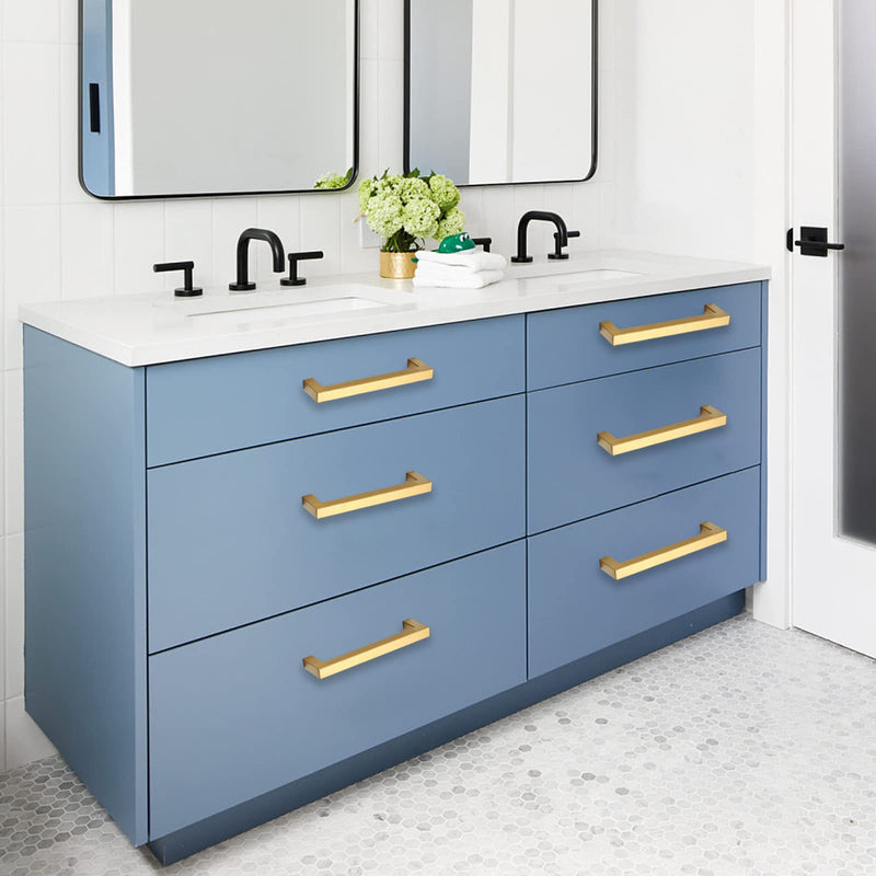 Cabinet Pulls Gold Cabinet Handles Square Drawer Pulls, 2 Pack 5 Inch Stainless Steel Kitchen Door Cupboard Cabinet Handles, Drawer Hardware Handles, 128mm Hole Centers 5 inch Hole Centers(128mm)