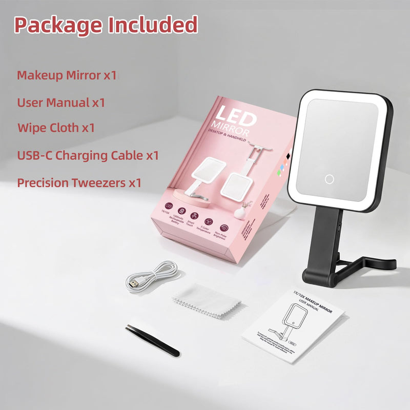 Travel Makeup Mirror with Lights, 1500mAh Rechargeable, Double-Sided 10X/1X Magnification, 3 Color Lighting, Smart Touch Dimming, Precision Tweezers, Lighted Mirror for Desk, Trip, Home, Office, Black