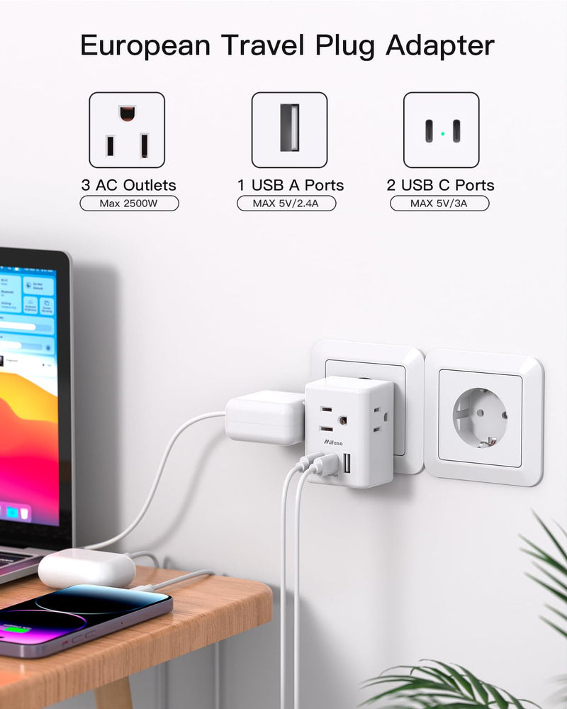 2 Pack European Travel Plug Adapter, International Power Plug Adapter with 3 Outlets 3 USB Charging Ports(2 USB C), Type C Plug Adapter Travel Essentials to Most Europe EU Spain Italy France Germany Type C Most of Europe - 2 PACK