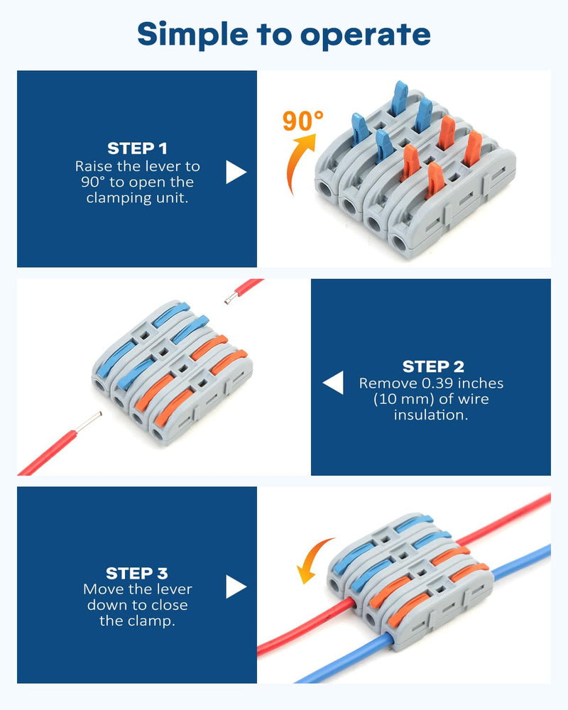 20 PCS Eugiichr Lever Wire Connectors - Quick Connect Professional Electrical Compact Push-in Terminal Splicing Kit for Various Circuits Inline Splices (1-in/1-out), AWG 28-12