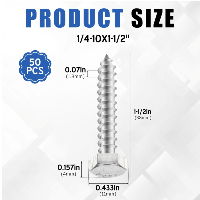 Zonon 50 Pcs 1/4" x 1-1/2" Hex Head Lag Screws 304 Stainless Steel Lag Bolts Heavy Duty Lag Screws Hexagon Head Wood Screws 1/4" X 1-1/2"