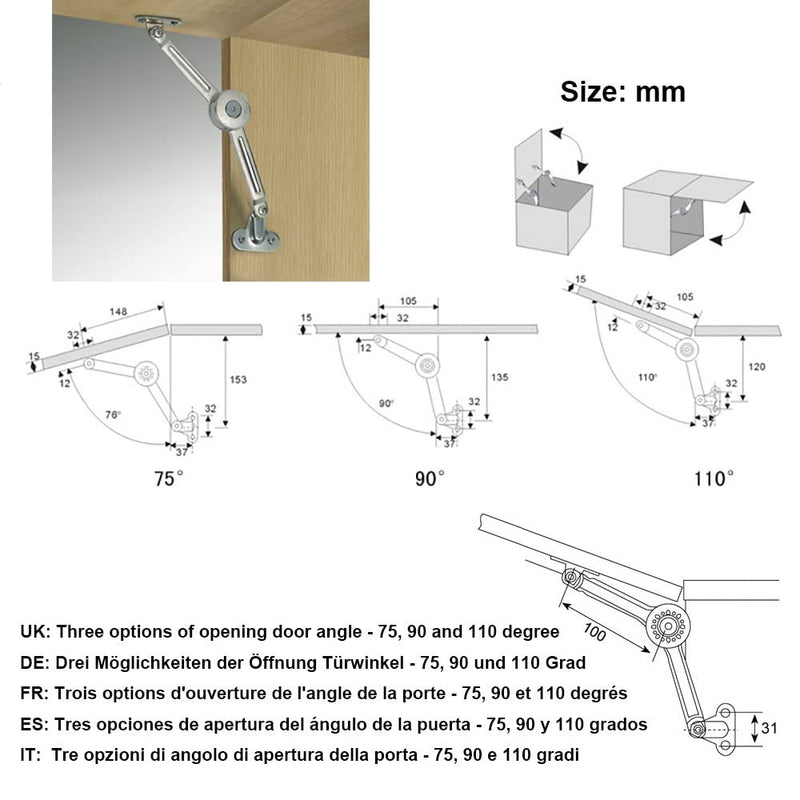 2 Packs [Upgraded] Qrity Cabinet Cupborad Furniture Door Lift Stay Support Hinge Damper - Support Up to 20KG - Opening Angle 75°/90°/110° - Come with Hex Key 2 Pieces