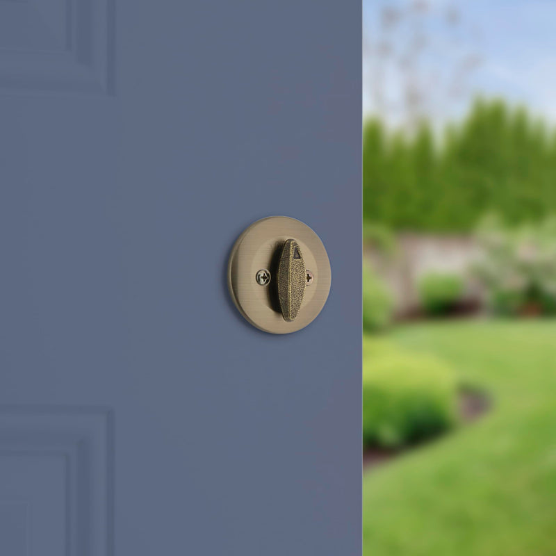 Kwikset 660 Deadbolt Lock, Antique Brass Round Exterior Keyed Front Entry Door, Single Cylinder Dead Bolt