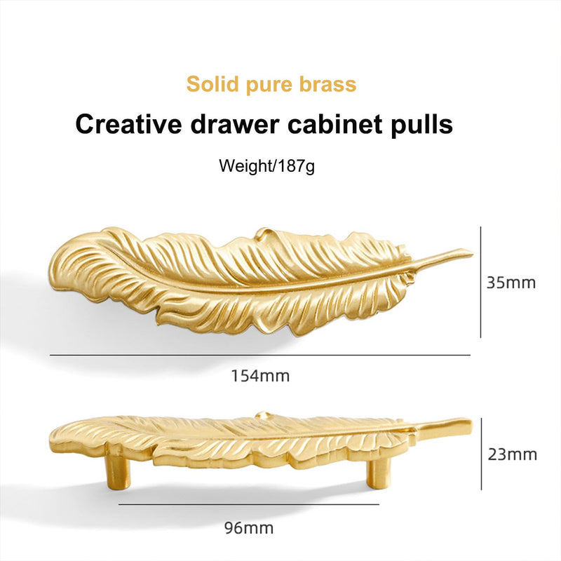 2PCS Solid Brass Feather Cabinet Drawer Handle Knob, Gold Feather Drawer Cabinet Handle Small Handles Modern Minimalist Handles Knobs for Bathroom Kitchen Wardrobe (Hole spacing:96mm) Hole spacing:96mm