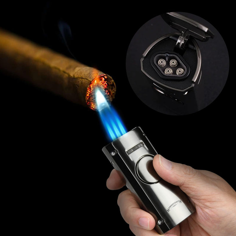 Hammersmith Howitzer Table Butane Torch Lighter for Cigars and Cigarettes, Refillable Lighters, Cigar Torch with Fold-Out Punch Cutter, Push-Button Ignition, & Flame Adjustment - Gunmetal