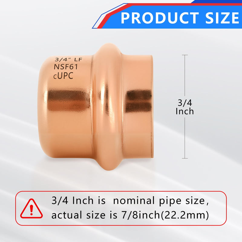 10-Pack YVSKM 3/4" Copper Press Cap, Lead-Free Copper Pipe Fitting End Cap for Press Plumbing Systems, Hot & Cold Water, Potable Water Applications 3/4 inch 10-pack