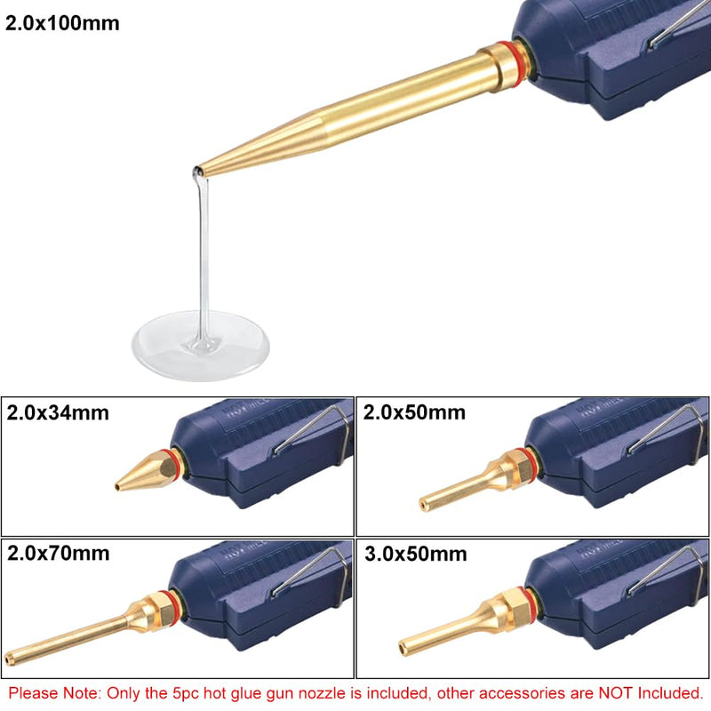 5Pcs Glue Gun Copper Nozzle Hot Glue Gun Tips with O-ring, Small Bore Long Tube Nozzles Thread Interchangeable Nozzle Set for Hot Melting Glue Gun Accessories 2.0x(34/50/70/100mm)+3.0x50mm