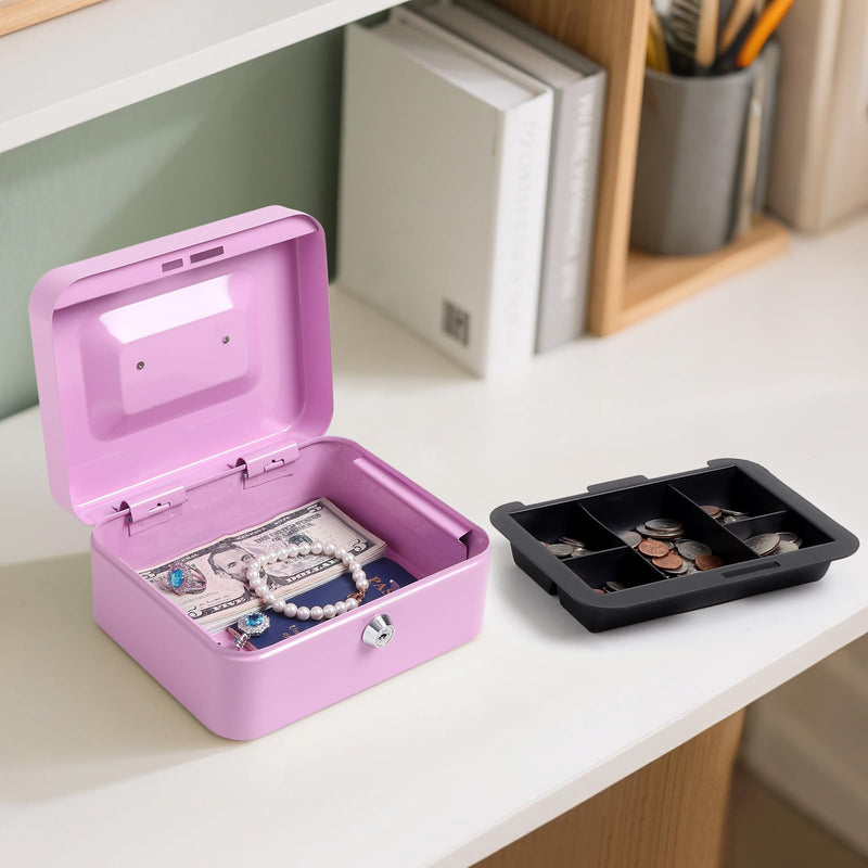 Jssmst Cash Box with Key Lock - Durable Metal Cash Box with Money Tray, Light Purple, Medium