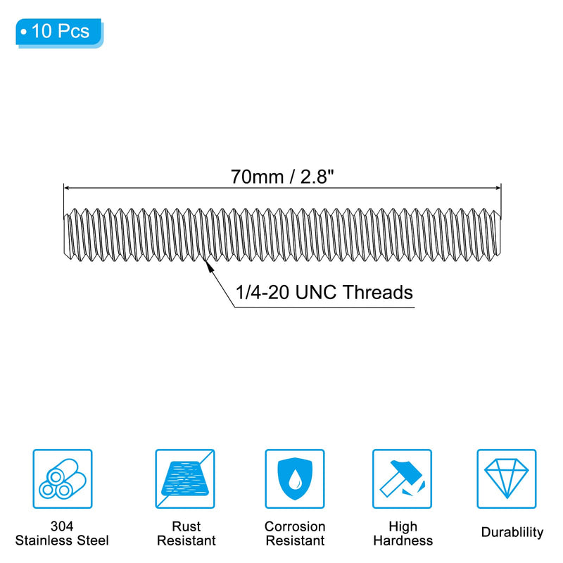 PATIKIL 1/4"-20 UNC 304 Stainless Steel Fully Threaded Rod, 10Pcs 2.8" Length Long Threaded Screw Right Hand Threads All Threaded Rod Studs for Anchoring Bolt, Clamps, Hangers and U-Bolts 1/4"-20 x 2.8"