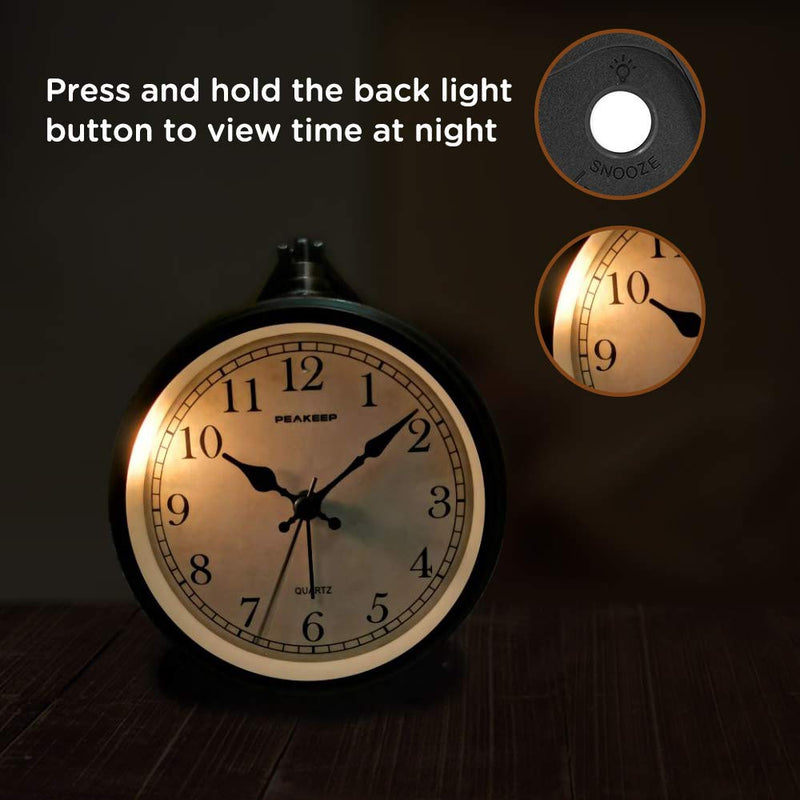 Peakeep 4" Small Battery Operated Antique Retro Analog Alarm Clock with Contour Lines in Gold for Room Decors, Silent Elegant Bedside Desk Gift Clock Black