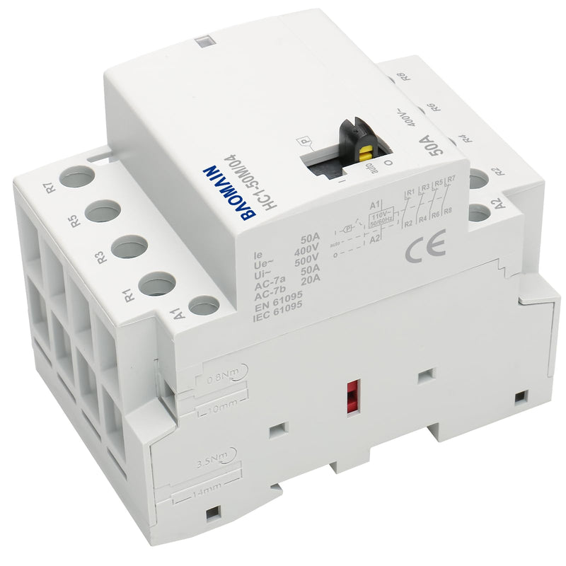 Baomain 110V AC 4-Pole Contactor, 50A 4NC Normally Closed, DIN Rail Mount - Manual & Automatic Switchable for HVAC, Motor, Pump, Lighting HC1-50M/04-110VAC 50 Amp. 110 VAC(Manual Control)