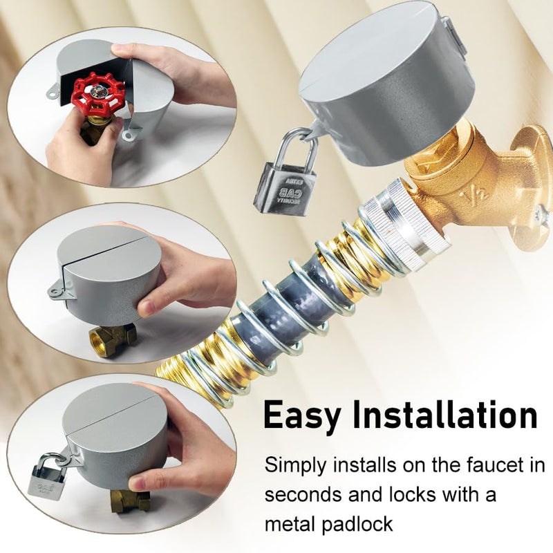 Gate Valve Locking Device with Lock - Outdoor Faucet Lock, Water Spigot Lock, for 1-1/2 to 3 in Dia Valve Handles, Prevent Water Theft, Unauthorized Water Use (Silver) Silver Metal