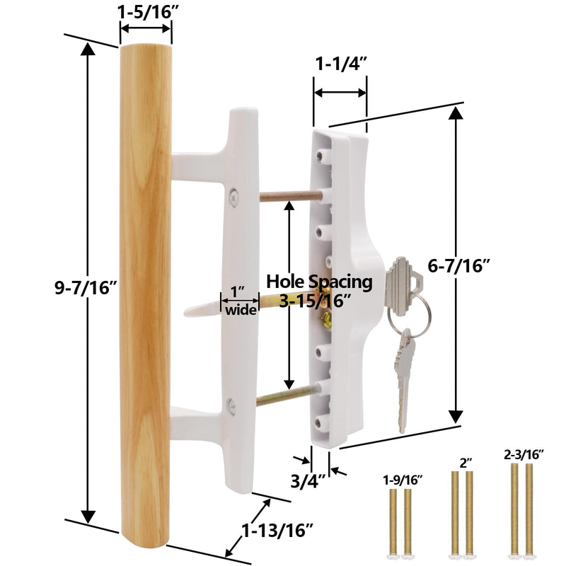 Sliding Glass Patio Door Handle Set with Key Cylinder, Fit for 45° Mortise Latch Lock Not Included, Oak Wood Inside Handles and Zinc Diecast Outside Pull, 3-15/16" Hole Spacing, White