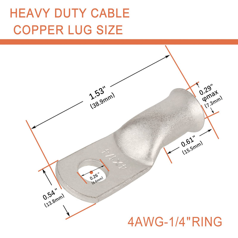 10pcs 4 AWG-1/4”(M6) Tinned Ring Terminals 4 Gauge Copper Wire Lugs Battery Cable Ends Heavy Duty Battery Cable Terminal Connectors 4 AWG - 1/4''Ring