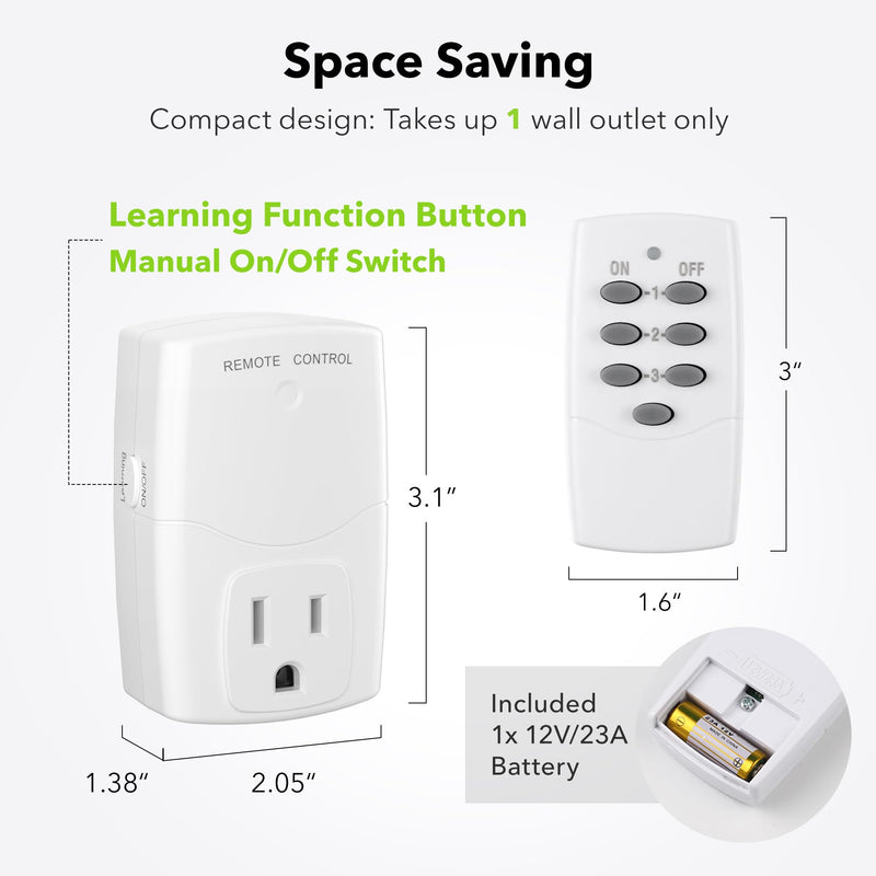 BN-LINK Mini Wireless Remote Control Outlet Switch Power Plug In for Household Appliances, Wireless Remote Light Switch, LED Light Bulbs, White (1 Remote + 3 Outlet) 1250W/10A 1 Remote + 3 Outlets