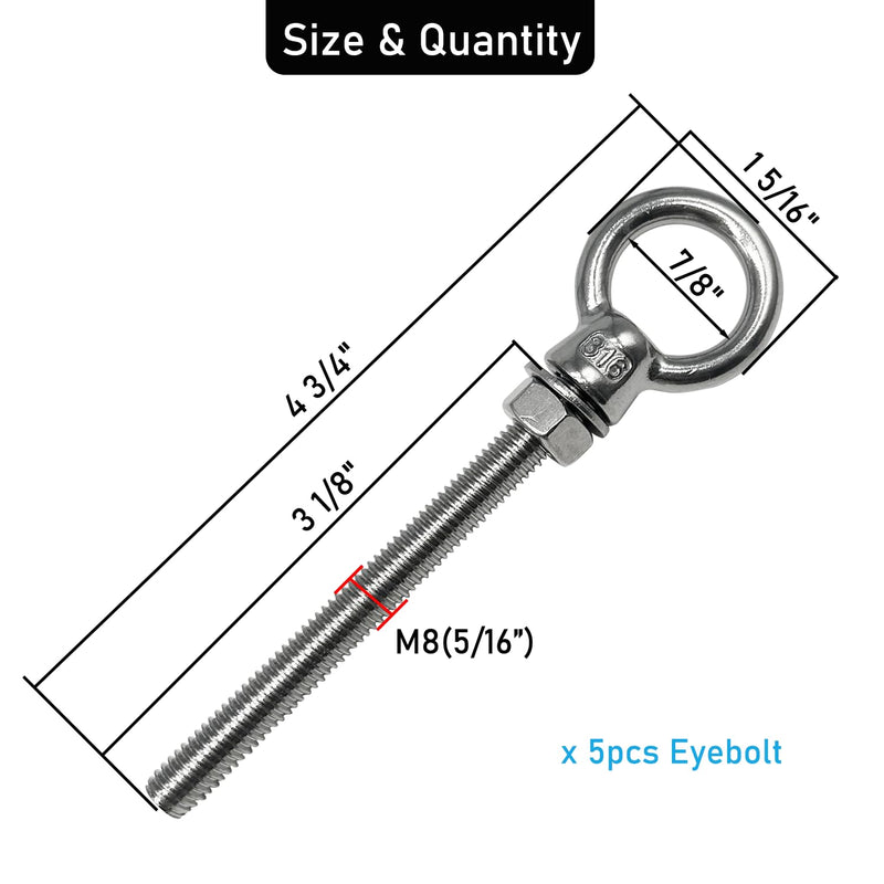 Eye Bolts, 5pack 5/16“ x 3-1/8" Heavy Duty Shoulder Lifting Ring Threaded Eyebolts with Nuts Washers 316 Stainless Steel Marine Grade Eyebolt