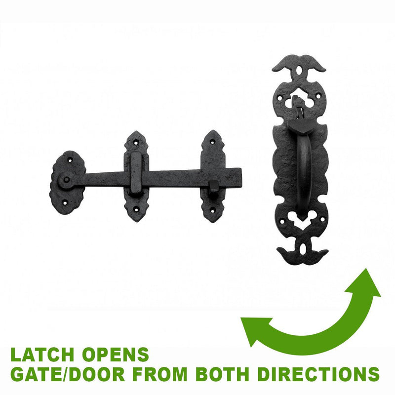Renovators Supply Manufacturing Gate Latch Lock 6 in. Black Wrought Thumb Latch for Cabinet Doors and Gateswith Mounting Hardware