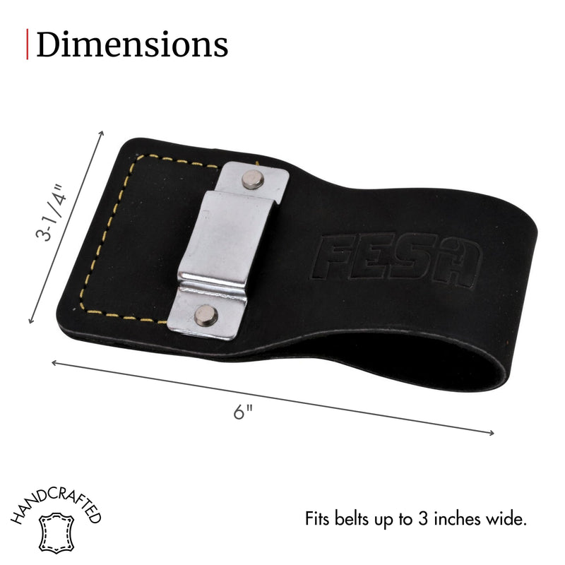 FESA Leather Tape Measure Holder - Top Grain Leather Measuring Tape Holder or Drill Holder for Tool Belt w/Steel Clip & Reinforced Heavy Duty Rivets - Fits Belts up to 3" - Handcrafted Black