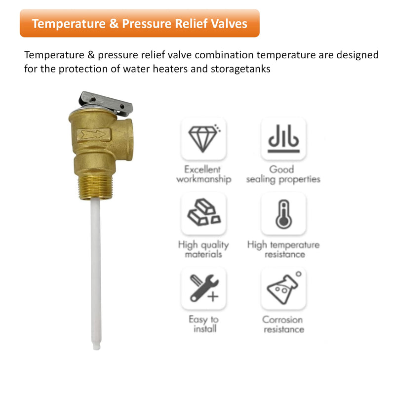 Long Term Temperature and Pressure Relief Valve Automatic with Extension Probe and Lever,3/4"NPT Pressure Relief Valve,All brass body.