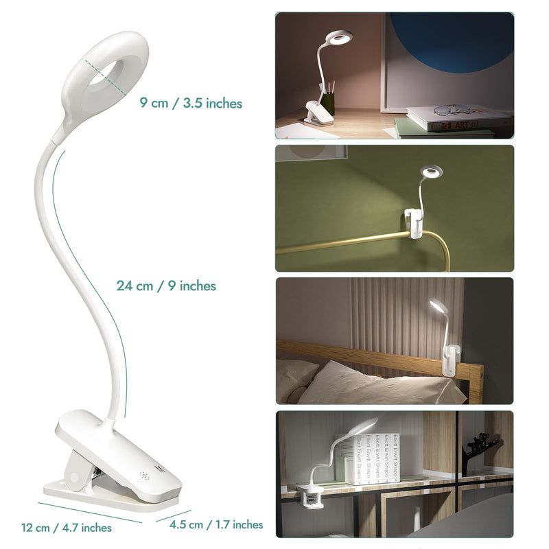 CUHIOY Clip on Reading Light for Bed Headboard, Rechargeable Battery Clamp on Bunk Bed Light, 5 Colors 5 Brightness Flexible Neck Desk Lamp, Eye Protect LED Touch Control Book Lights at Night for Kids 1Pack White
