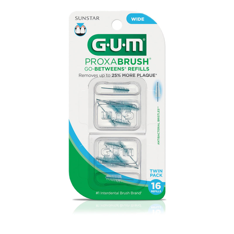 GUM Proxabrush Go-Betweens Refills - Wide - Compatible with GUM Permanent Handle - Reusable Interdental Brushes - Soft Bristled Dental Picks, 16ct 16 Count (Pack of 1)