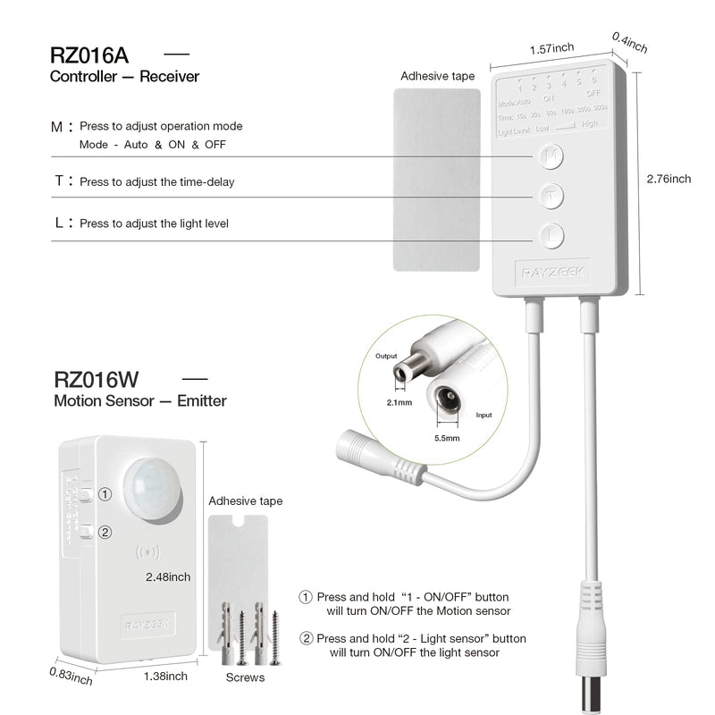 RAYZEEK Wireless Motion Sensor Controller Kit-No Wiring Mini PIR Sensor Switch 12/24VDC RF Wireless Control Led Strip Lights with Dimmable,Timer for Stairway(1 ×Controller+2 ×Motion Sensor) Controller*1+Motion Sensor*2