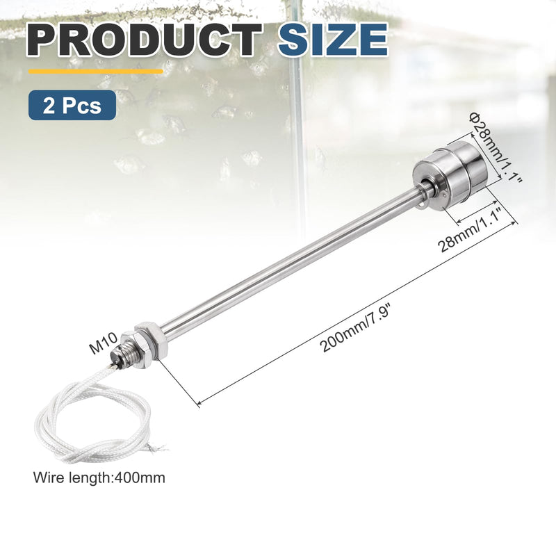 MECCANIXITY Stainless Steel Float Switch, 200mm Rod 110V DC 0.5A Vertical Water Level Sensor M10 Thread Single Tank Liquid Level Controller for Pump/Alarm 2 Pcs