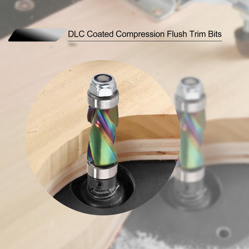 Carbide Compression Flush Trim Router Bit 1/4 Shank, 1/2" Diameter, 1" Cutting Length，DLC Coated Up Down Pattern Template Router Bit with Top and Bottom Bearing for Woodworking Trimming 1/4''x 1/2''x 1''