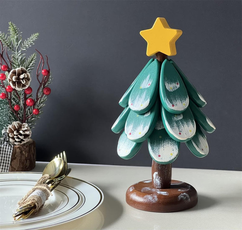 Christmas Tree Shaped Coasters and Trivet Set, 3-Piece Folding Wooden Mat for Drinks,Plates,Pots,Automatic Unfolding Design Table Protection Coasters Practical Gift Idea for Christmas