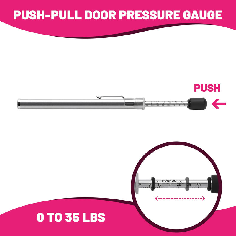 Door Pressure Gauge, 0-35LBS/16KG, ADA & Fire Code Compliant, Stainless Steel Body with Zinc-Plated Scale, 5% Accuracy