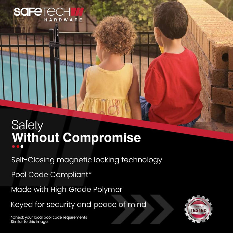 Safetech Hardware 10-inch Magnetic Top Pull Pool Gate Latch - Key Lockable | Pool Gate Safety Latch | Heavy Duty Vertical Self-Locking Lock | Vinyl & Aluminum/Metal Gates, Any Square Post | SL-25H 10" Magnetic Lock Black