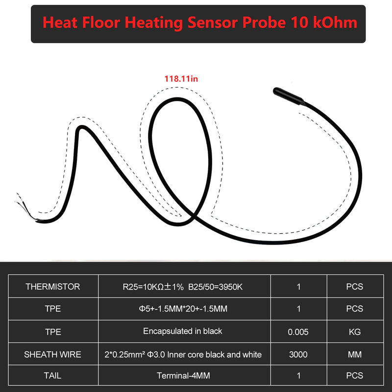 Floor Heat Sensor Probe 10Kohm Suitable for Most Heating Installations Underfloor Sensor Probe