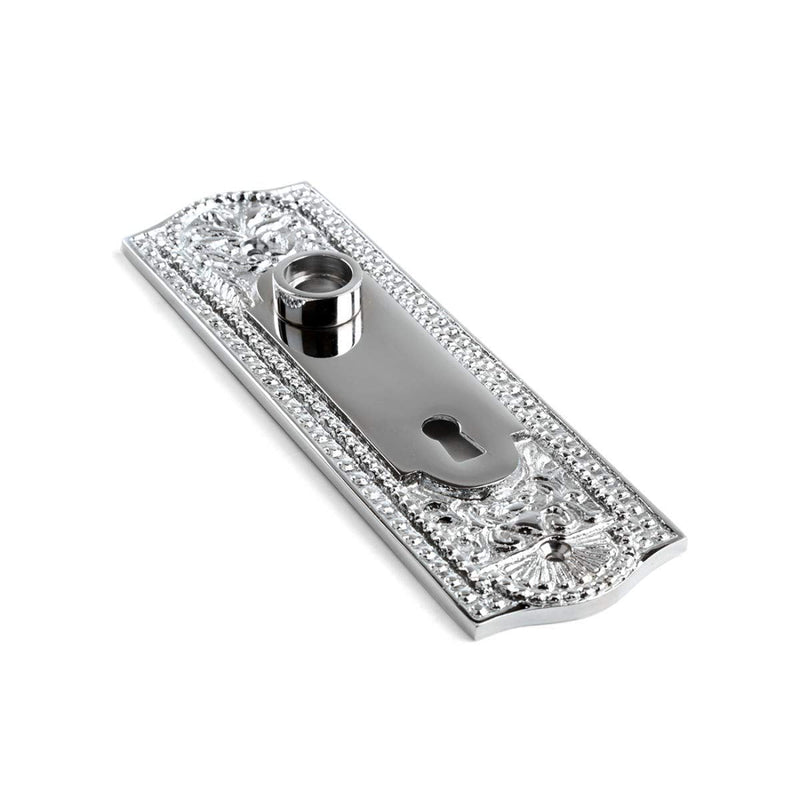 Renovators Supply Manufacturing Door Back Plate Chrome Finish Brass 7-1/4 in. Escutcheon Cover Beaded Doorplate with Keyhole Pack of 1 Chrome-keyhole