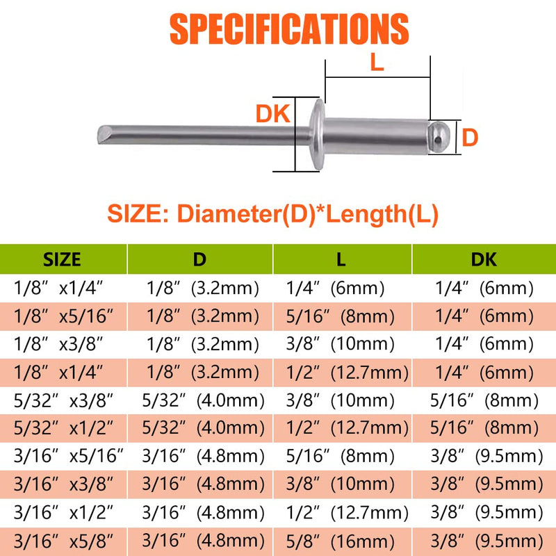 BOTTEN 100 pcs 1/8"x 1/4" Stainless Steel Blind Pop Rivets,3.2 x 6mm Open End Type Pop Rivet Grip Range 1/8-1/4 inch MD005-1/8"x 1/4"