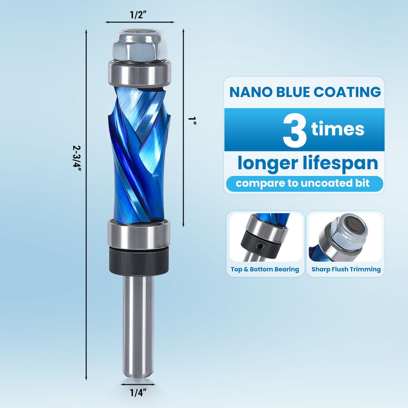 Compression Flush Trim Router Bit with Top & Bottom Bearing, 1/4” Shank, 1/2“ Cutting Dia Pattern Template Flush Cut Solid Carbide Router Bit for Woodworking Trimming Top+Bottom Bearing